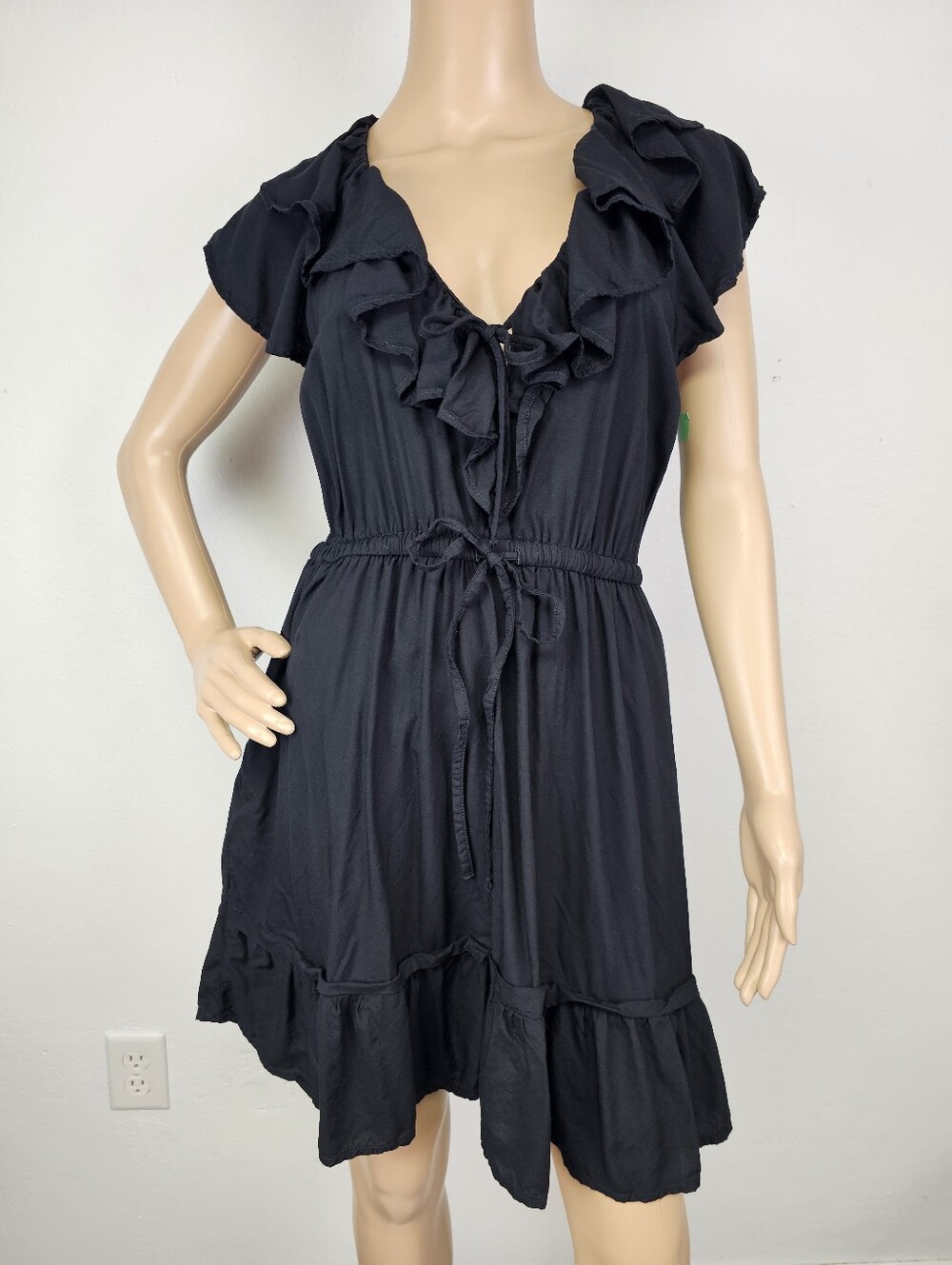 Old Navy Mini Dress Black Ruffle Elastic Tie-Waist Sz M Whimsy Romantic Country - Picture 2 of 7
